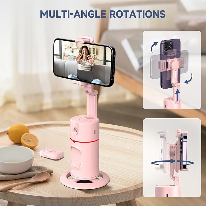 Auto Face Tracking Phone Holder, Gesture Control & Remote, Face Tracking Tripod 360 Rotation Body Phone Camera Mount Smart Shooting Holder, Cell Phone Selfie Stick Tripod, Expandable Pole (Pink)