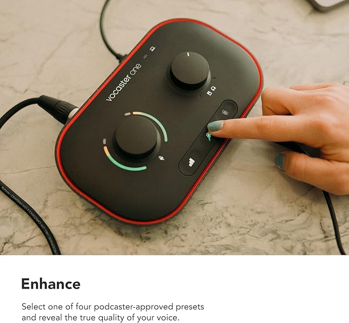 Focusrite Vocaster One — Podcasting Interface for Recording as a Solo Creator. Use Auto Gain, Enhance, and Mute for Easy Podcasting. Small, Lightweight, and Powered by Computer