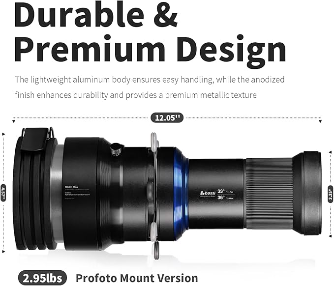Bussi MG06 Max Optical Snoot kit with 40 Gobos, 36° Optical Lens Spotlight for Photography Video Shape Light Studio,GOBO Light (Compatible with Profoto Mount)