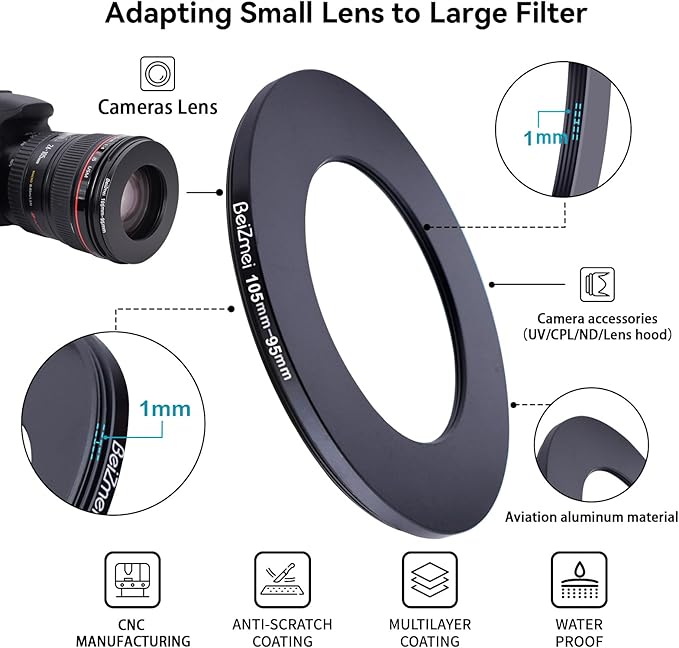 105mm to 95mm Camera Filters Ring,Step-Down Filters Ring Compatiable All Brands Ø105mm Lens to Ø95mm Camera Accessory.Made of CNC.