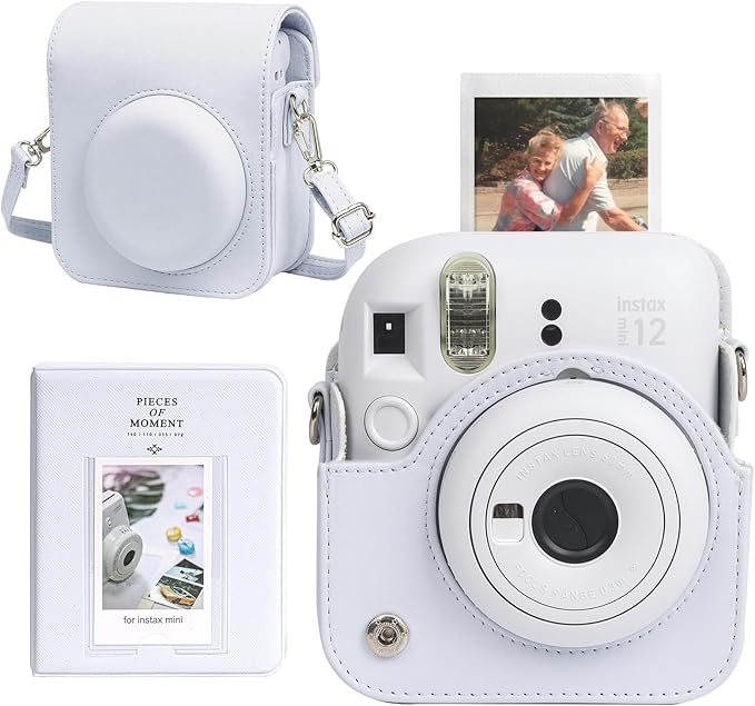 CAIYOULE Camera Case for Fujifilm Instax Mini 12 Instant Film Camera, Retro Leather Protective Camera Crossbody Bag for Fuji Mini 12 with Photo Album, Adjustable Shoulder Strap, Clay White-No Camera