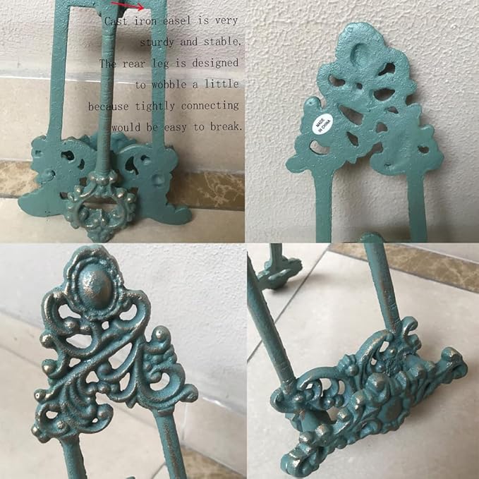 Decorative Metal Easel Stand, Vintage Turquoise Cast Iron, Ornate Scroll Design, 13.4x5.5 Inches, Display Holder for Art, Photo, Book,Tablet and More