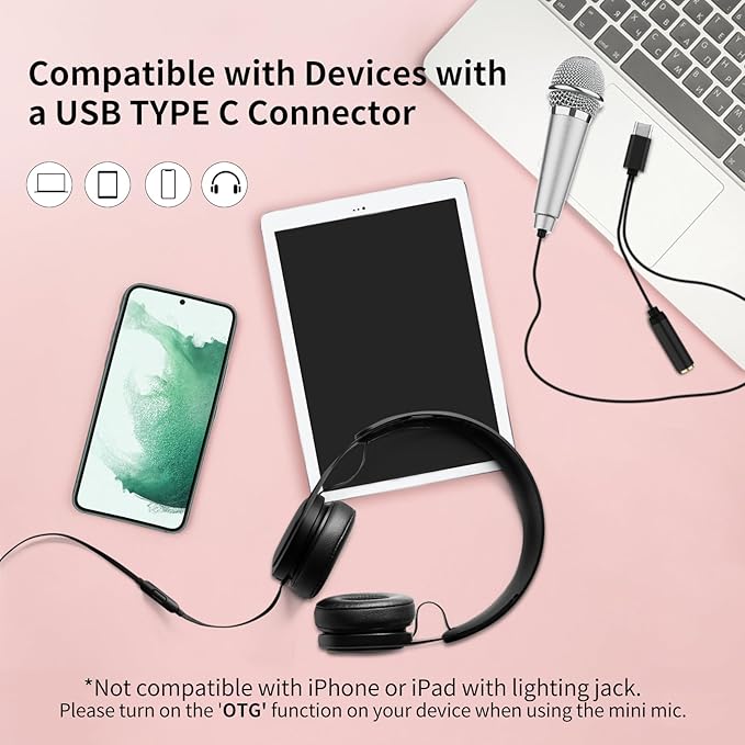USB C Mini Karaoke Microphone for Android Phone, Laptop, Tablets Small ASMR Microphone for Voice Video Recording Singing, Vlogging, Podcasting YouTube (1 PCS Silver)