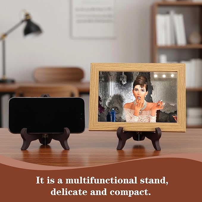 2 PCS Wooden Plate Stands for Display, 4" Easel Plate Holder Brown Folding Picture Frame Stand Small Decorative Plate Stand for Display Picture Frame Book Dish Artwork Easels