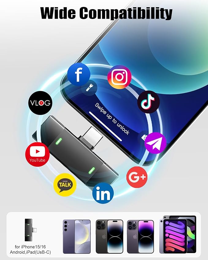 Wireless Lavalier Microphone for iPhone 15/16/17/Android, Lapel Mic with All-in-One 24H Charging Case, Noise Reduction, USB C Plug & Play Clip Mic for Video, Interview, YouTube, TikTok, Podcast, Vlog