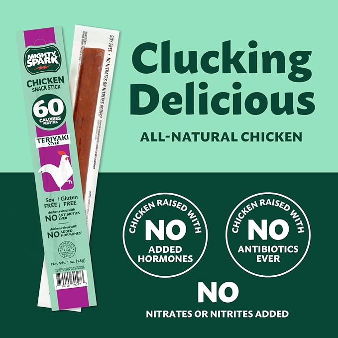 Mighty Spark Chicken Snack Sticks - Teriyaki - 6g of Protein, No Antibiotics, No Hormones, Gluten Free, Soy Free Meat Sticks - High Protein Keto Snacks, Weight Watchers Approved - 12 Count