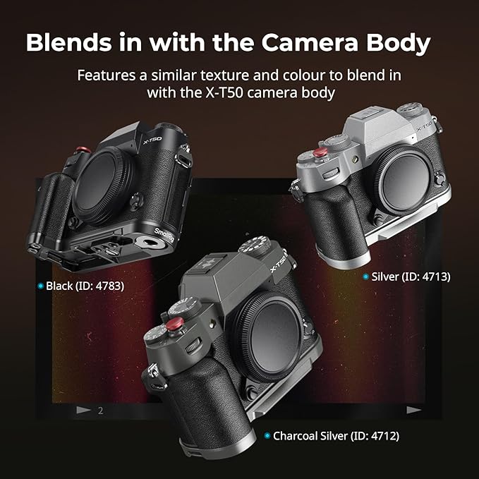 SMALLRIG X-T50 Handgrip, Silicone L-Shape Handle for FUJIFILM X-T50 Camera, Built-in Quick Release Plate for Arca, with Shutter Button and Hot Shoe Cover, Charcoal Silver - 4712