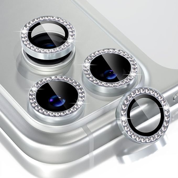 Choiche Compatible for iPhone 17 Pro/iPhone 17 Pro Max Camera Lens Protector Bling, 9H Tempered Glass Camera Cover Screen Protector Metal Ring Decoration Accessories (Diamond-Silver)
