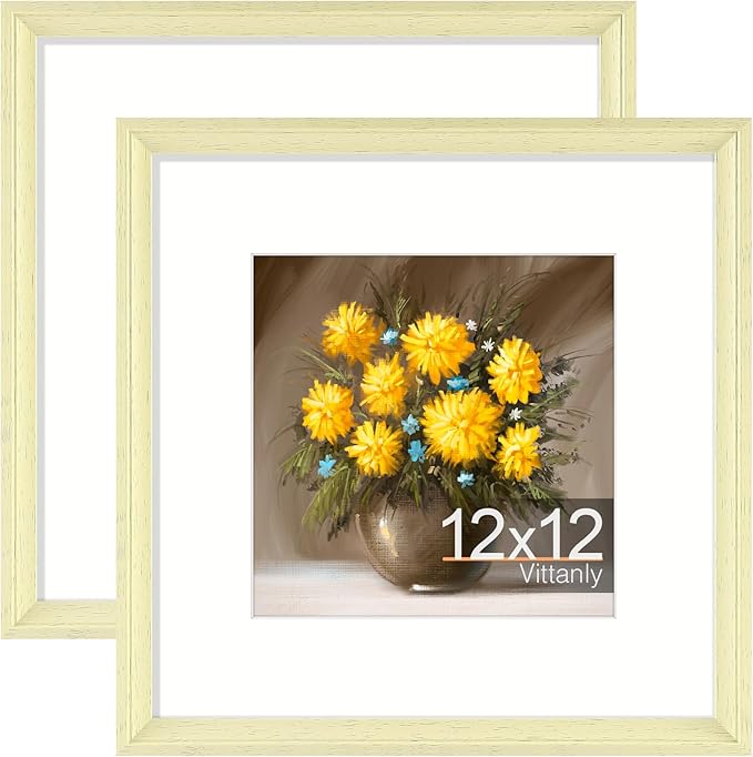 Vittanly 12x12 Picture Frames Set of 2, Ornate Vintage Photo Frame for Wall or Tabletop, Display 8x8 Pictures with Mat or 12x12 without Mat, Beige