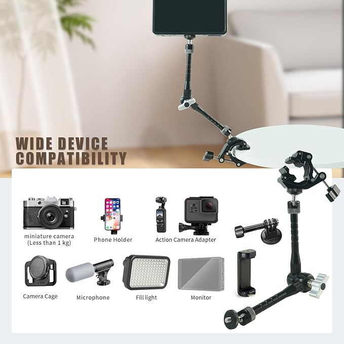 FIFIELD CNC Machined 11" Articulating Magic Arm Clamp Mount with Super Clamp, 360° Dual Ball Head & 1/4" ARRI Locating Pin&Holes, Heavy-Duty Camera Monitor Mount for Camera, Phone, LED Light, w/Clamp