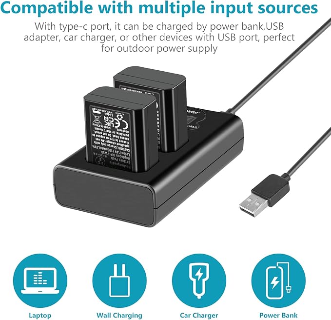 NEEWER NP-FW50 Camera Battery Charger Set Compatible with Sony ZV-E10 A7 A7R A7RII A7II A7SII A7S a6300 a6400 a6500 RX10 Series, 2 Pack 1100mAh Replacement Batteries, Micro USB&Type C Dual Charger