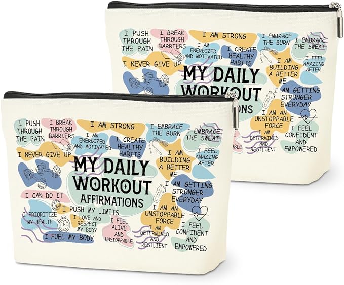 2PCS Daily Affirmations for Women Makeup Bag, Workout Gifts Gym Necessities for Women Encouragement Inspirational Mental Health Gym Gifts for Female Coworker Birthday Travel Toiletry Cosmetic Bag