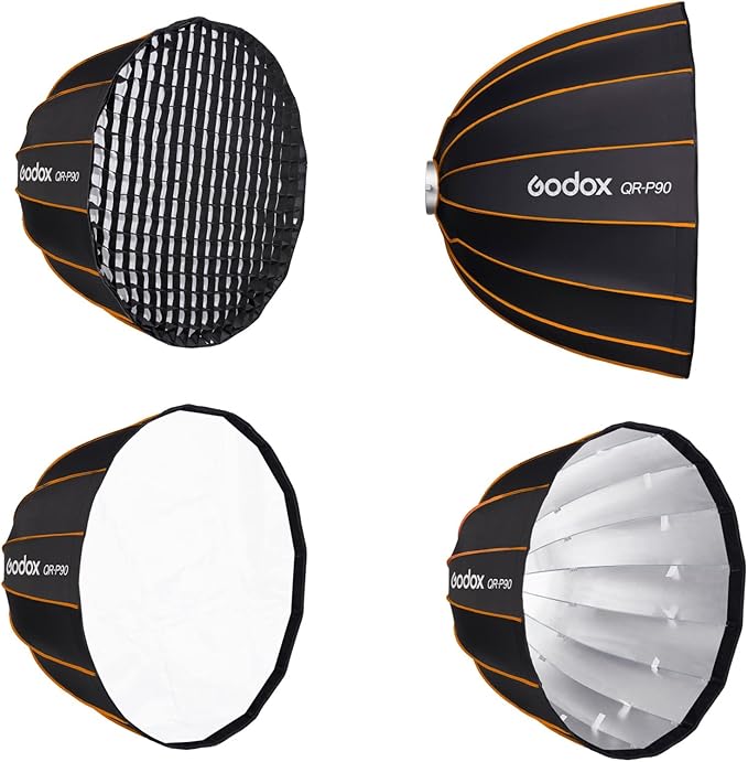 GODOX QR-P90 35.4 Inch/90CM Parabolic Softbox, Bowens Mount Soft Boxes, Quick Release Parabolic Softbox, with Front & Inner Diffuser for SL-60W AD600BM VL150 UL150 SL150II Amaran 100X 200D 200X w/Grid