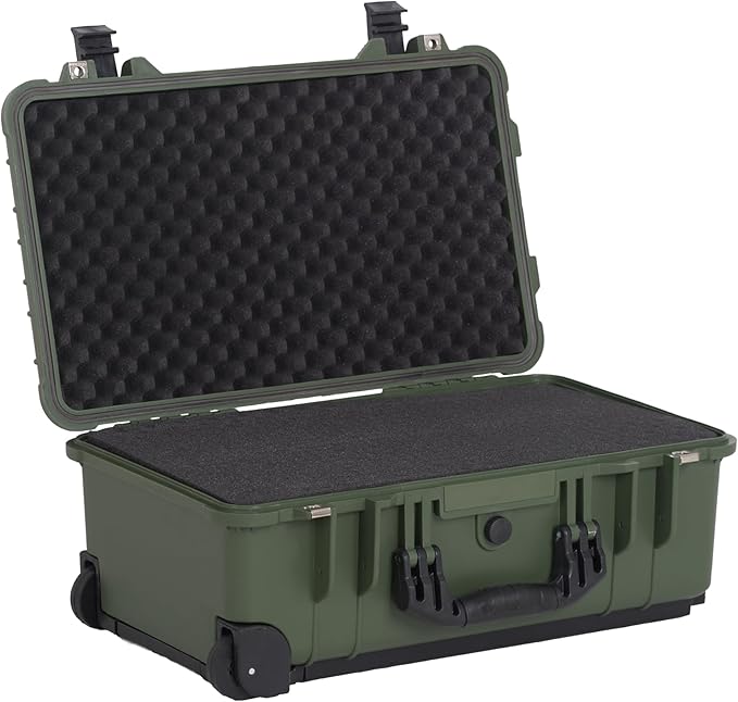 MEIJIA All Weather Rolling Waterproof Protective Case, Hard Camera Case,Dry Case with Retractable Pull Handle and Wheels,Foam Inserted,22 x13.81x9inches (Green)