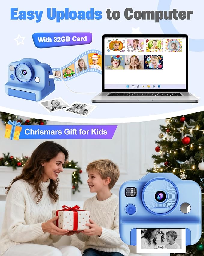 Instant Print Camera for Kids, Front Rear Dual Selfie Kids Camera with 1080P Videos, Christmas Birthday Gifts for Kids Ages 3-12, Toddler Digital Camera Toy for 4 5 6 7 8 Year Old Boys Girls (Blue)