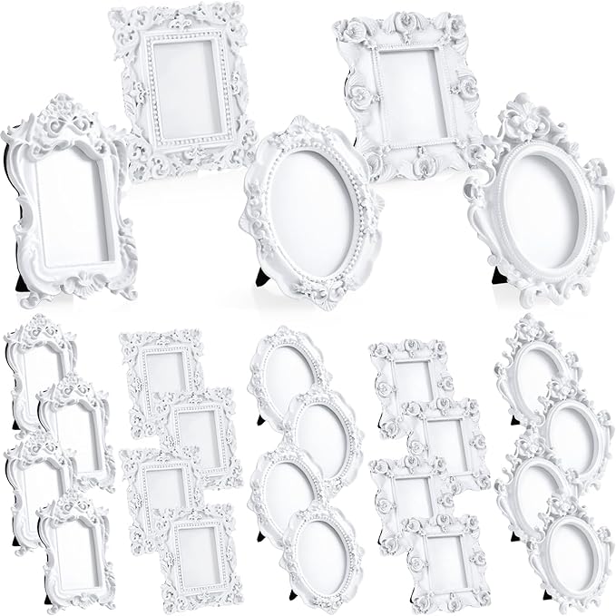 Maitys 25 Pcs Mini Picture Vintage Frames with Stands Tiny Antique Photo Baroque Ornate Resin Oval Frame Table Top Display Home Wedding Decor (White)