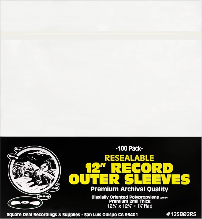 (100) 12" Archival Resealable Record Outer Sleeves - Super Clear Premium 2 Mil Thick Archival Quality BOPP #12SB02RS