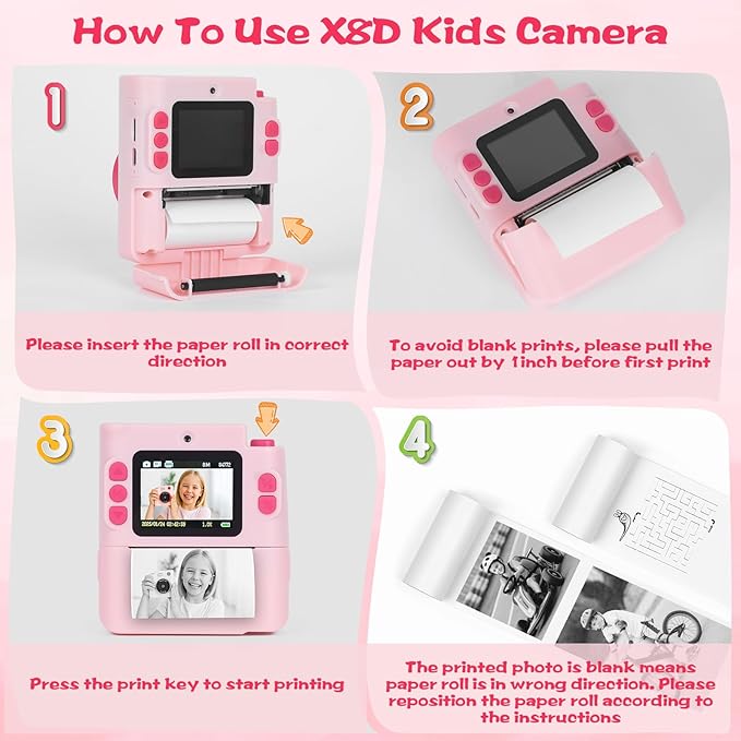 Kids Camera Instant Print, 1080P HD Dual-Lens Selfie Digital Camera with 5 Printing Paper Rolls & 32G TF Card, for Children, Portable Toddler Toy for Age 3-12 Boys & Girls (Pink)