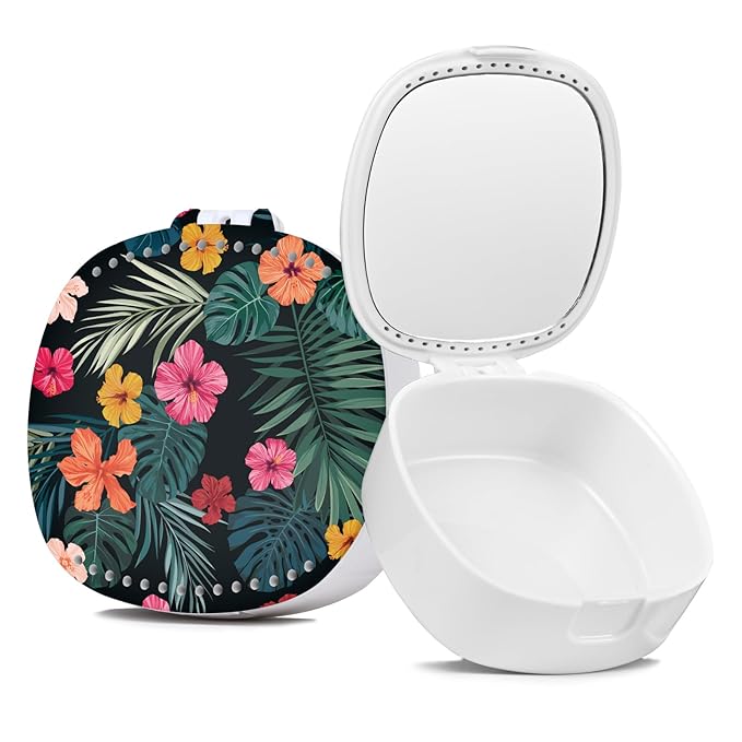 Retainer Case with Mirror & Ventilation Holes - Night Guard & Orthodontic Aligner Case,Green Leafed Flower