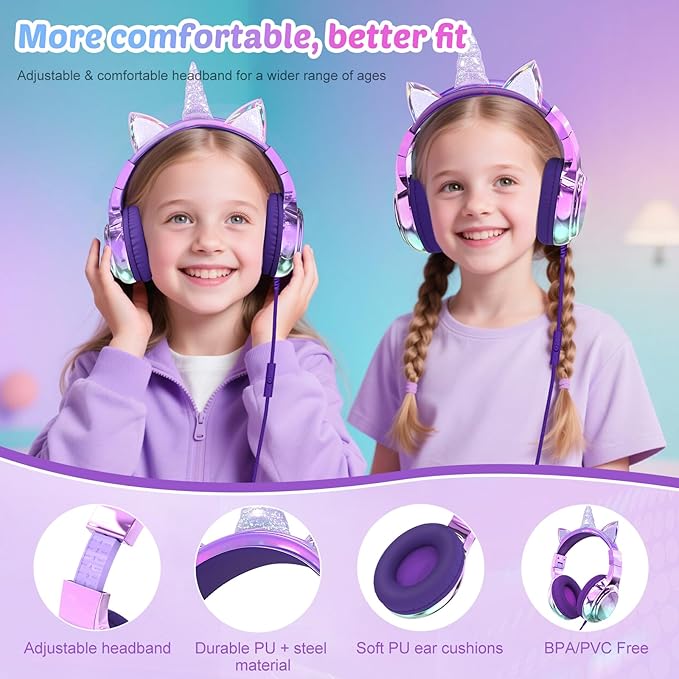 QearFun Kids Unicorn Headphones with USB C for Girls with Microphone, 85/94dB Safe Volume Limiter, Tangle-Free Cord, Share Port, Foldable Sparkly Wired Headset for School, Travel, Tablet, iPad