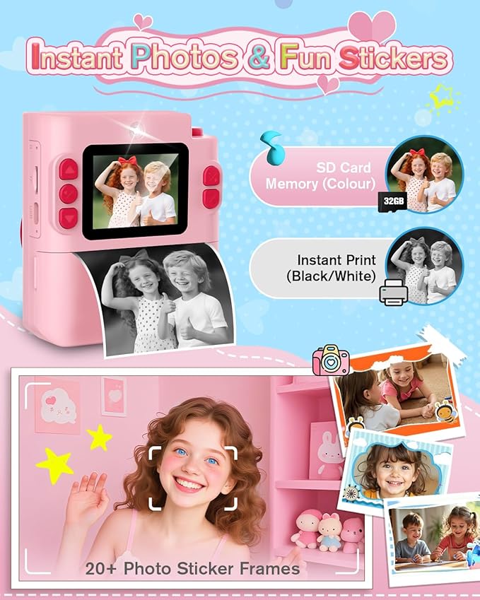 MYSTILUCK Kids Camera Toys for 3 4 5 6 7 8 9 10 Year Old Girls Boys, Christmas Birthday Gift with 1080P HD Digital Camera, 32GB SD Card, Selfie Mode, Fun Filters, Portable Travel Toy - Pink