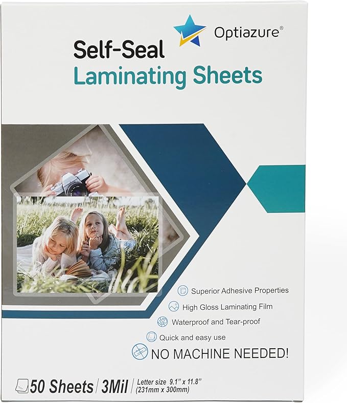 Optiazure Self-Seal Laminating Sheets 9.1"x11.8" Inches, 3mil 50Pack, Letter Size, Single Sided