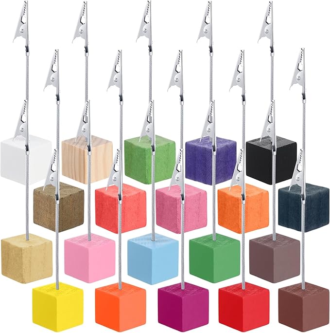 Gersoniel 20 Pcs Cube Base Memo Clip Holder with Alligator Clip Wood Table Number Holder Cube Base Place Card Stand Mini Photo Menu Stand for Displaying Number Card (Multi Color)