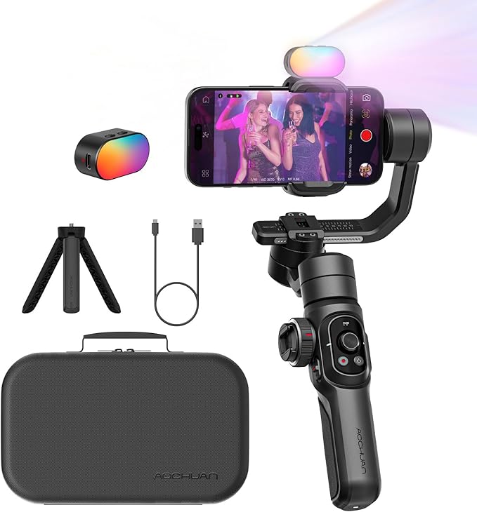 AOCHUAN Gimbal Stabilizer for Smartphone, Phone Gimbal w/8" Extension Rod, Profession 3-Axis Stabilizer w/RGB Magnetic Fill Light for Video Recording, Compatible w/iPhone/Andriod-Smart S2 Kit