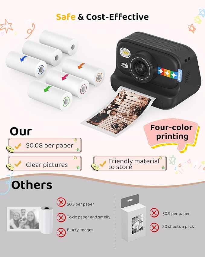 Kids Color Instant Print Camera – Kids Camera with 5 Color Photo Paper, 48MP & 1080P Video, 21 Fun Frames, 32G Card, Christmas/Birthday Gifts for Girls and Boys Ages 3 4 5 6 7 8 9 10 11 12 - Black