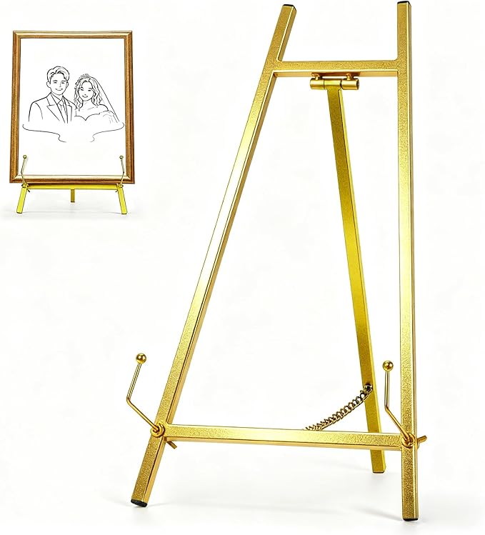 BeeCoAoo 16.5" Metal Easel Stand for Sign – Elegant Table Top Easel for Display, Heavy Duty Tabletop Picture Easel Stand for Wedding Sign, Picture Frame, and Art (Gold)