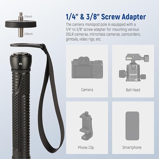 NEEWER 66.5" Camera Monopod Stand, Lightweight Aluminum Travel Selfie Stick for DSLR Camcorder Photography & Video Recording, 1/4" & 3/8" Screw Adapter, Max Load 22lb, TP42