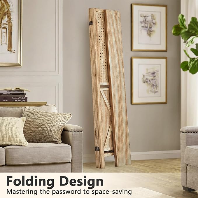 4 Panel Pegboard Display with 16 Hooks, Wooden Pegboard Room Divider Wall with Shelf, Partition Room Dividers and Folding Privacy Screens, Bedroom, Jewelry Store, Natural