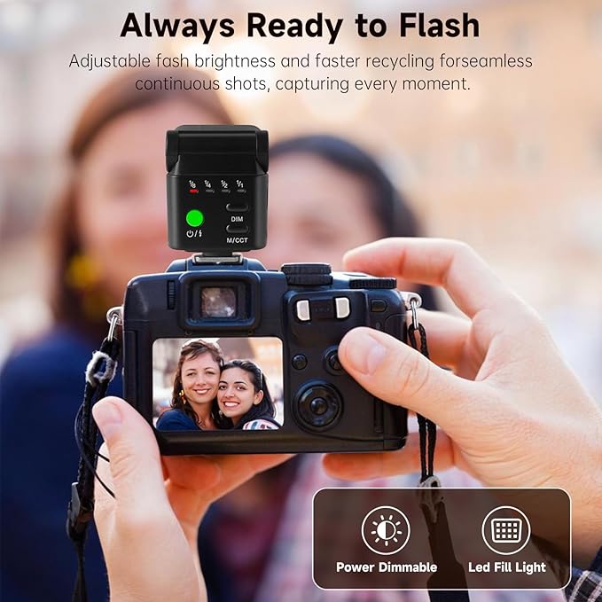 Mini Camera Flash Speedlite with Video Light, GN8 6500K Adjustable External Flash, Universal Single Contact Hot Shoe Mount, Compatible with Canon/Nikon/Sony/Fuji/DSLR