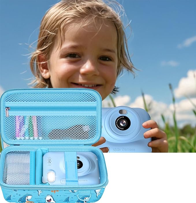 Leayjeen Kids Camera Case Compatible with Dylanto/GKTZ/HiMont/CAMCLID/ESOXOFFORE Kids Instant Print Camera, for 1080P Printed Photos,Christmas Gifts and Birthday Gifts for Kids-Blue Sharks(Case Only)