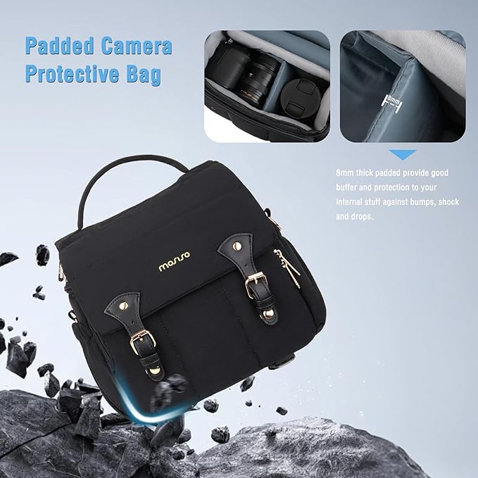MOSISO Small Camera Bag for Photographers, Puffy Camera Shoulder Bag for DSLR/SLR Cameras, Padded Flap Crossbody Photography Handbag for Women with Tripod Holder&Rain Cover for Canon/Nikon/Sony, Black