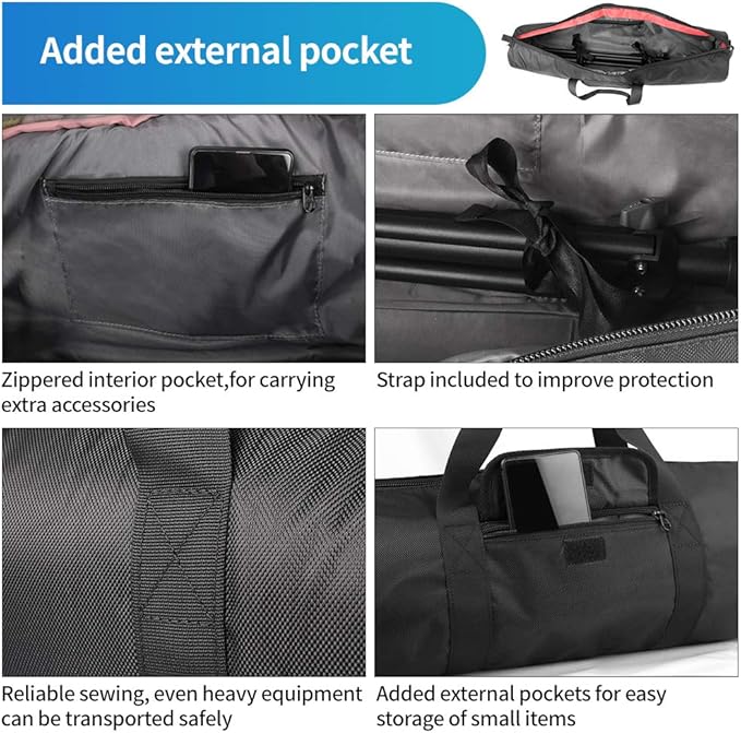 HEMMOTOP Tripod Case, 31.5x7 in Heavy Duty Tripod Bag with Shoulder Strap and Handle, All Sides Thick Padded Carrying Case with Two Zippered Pockets for Speaker Stand, Monopod - R08018 Black
