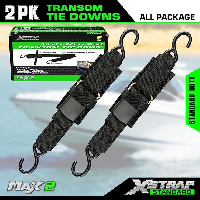 XSTRAP STANDARD 2PK 2''x 4' Adjustable Tie-Down Wide Webbing Rated Capacity: 1200 lb Moving Straps Tie Downs Marine Boat Strap Trailer with Hooks Prevent Corrosion Yet Easy