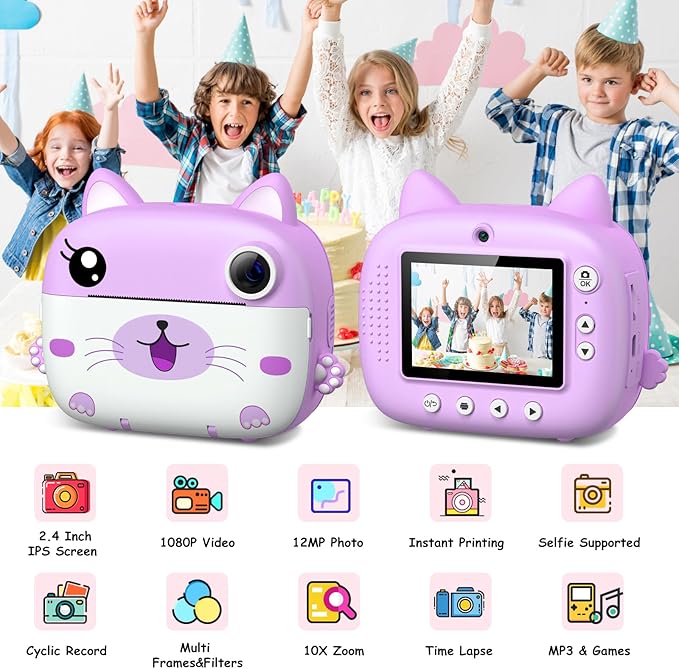 Kids Camera Instant Print, 3.0" HD Screen Kids Instant Cameras, Christmas Birthday Gifts for Girls Boys 3 4 5 6 7 8 9 10 Year Old, Portable Toddler Travel Toys with 32GB Card & 3 Rolls Printer Paper