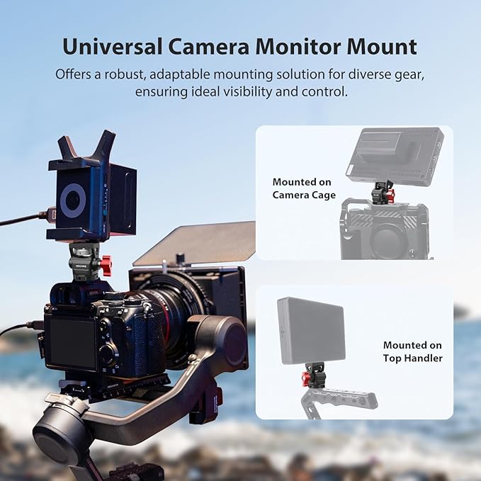 Camera Monitor Mount with Cold Shoe, Aluminum Cold Shoe Mount Adapter with 1/4″ Screw for LED Light Microphone Cage, Field Monitor Holder 360° Swivel & 180° Tilt Damping (63146)