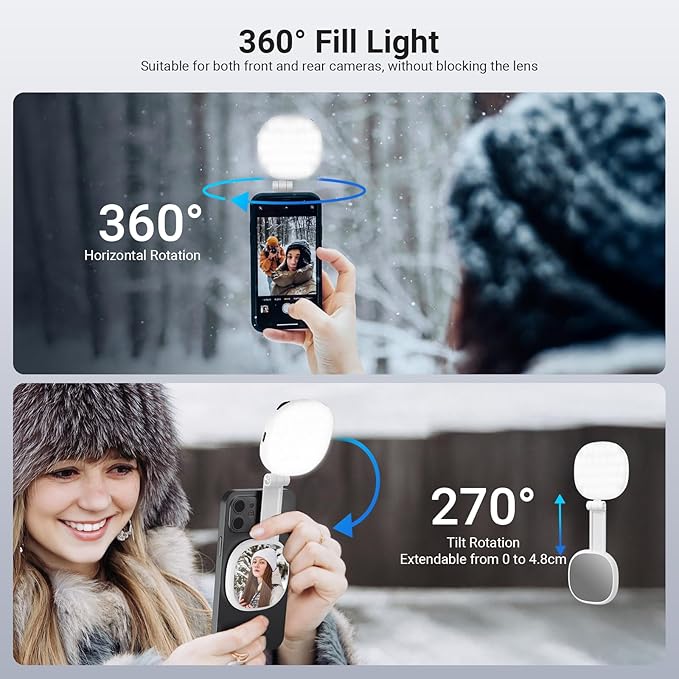 NEEWER Basics Magnetic Selfie Light Compatible with MagSafe iPhone, 2W Bi Color Small LED Phone Fill Ring Lighting CRI95+ with 360° Swivel, Mirror for Makeup Video Conference Recording, NL72B White