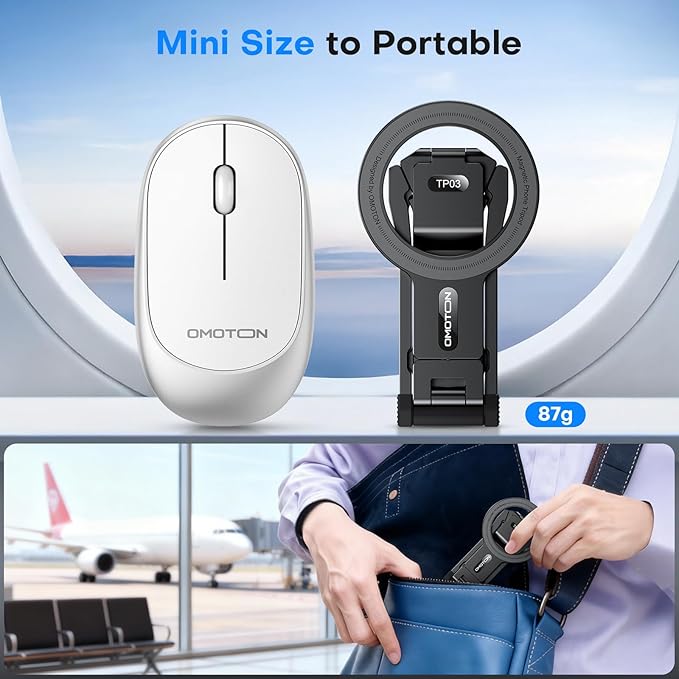OMOTON TP03 [Ultra-Slim] for MagSafe Tripod, 360°Rotating Magnetic Phone Tripod for iPhone 17/16/15 Pro Max Air, Foldable Cell Phone Stand with 1/4" Screw & Hook Fits Vlog, Gym, Travel Essentials