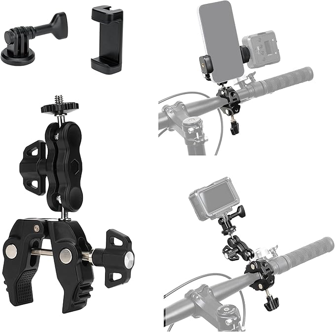 JJC Super Camera Clamp Mount Kit with 1/4'' Ballhead for DSLR DJI Osmo Gopro Hero Insta360 Action Camera Smartphone on Desk Motorcycle Bicycle Bracket Handrail Trolley Cross Bar Flag Vlog Video Record