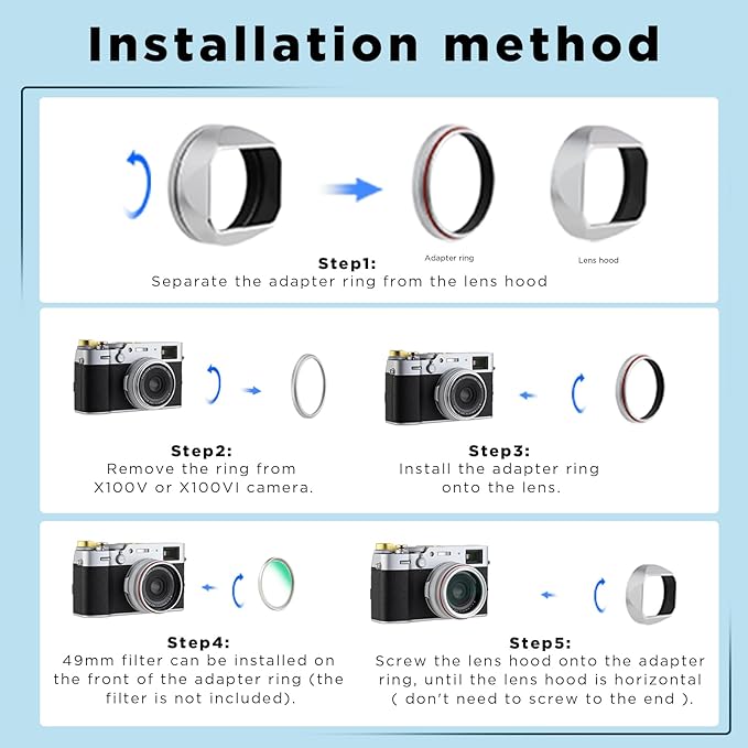 Haoge LH-X54W Square Metal Lens Hood with 49mm Adapter Ring for Fujifilm X100VI Fuji X100V Camera Silver