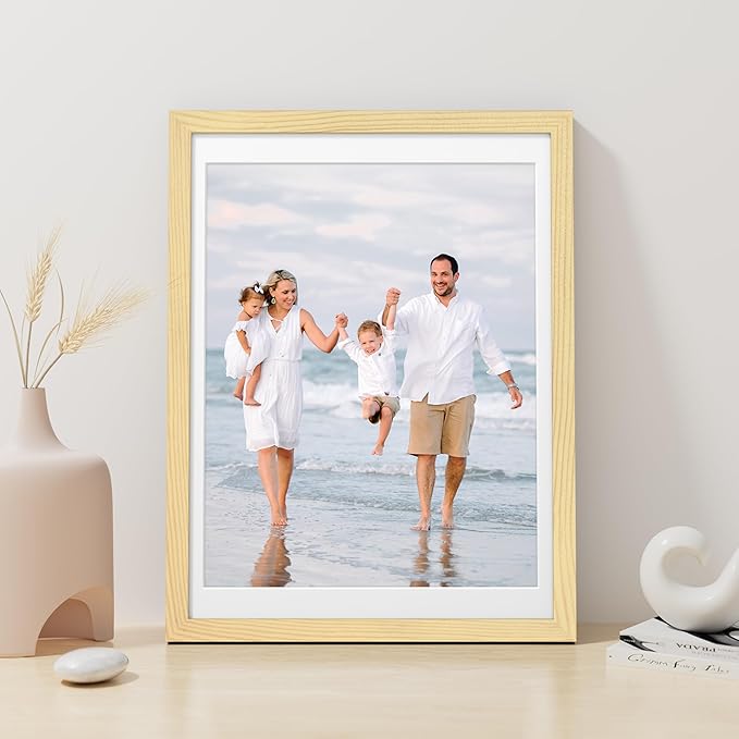 Vittanly 12x16 Picture Frame, Made of Solid Wood and Shatterproof Plexiglass, Display Pictures 11x14 with Mat or 12x16 without Mat, Wooden Photo Frame for Wall Mounting, Natural, 1 Pack