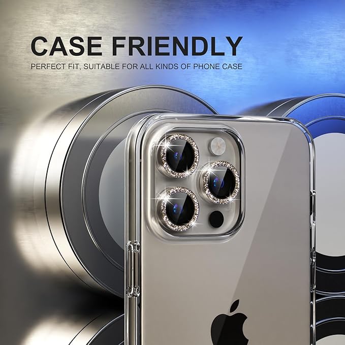 Choiche Compatible for iPhone 15 Pro/iPhone 15 Pro Max Camera Lens Protector Bling, 9H Tempered Glass Camera Cover Screen Protector Metal Ring Decoration Accessories (Glitter-Titanium Gray)