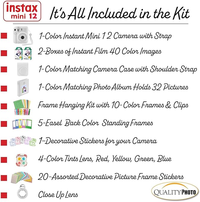 Fujifilm Instax Mini 12 Instant Camera with Case, 40 Fuji Films, Decoration Stickers, Frames, Photo Album and More Accessory kit (Clay White)