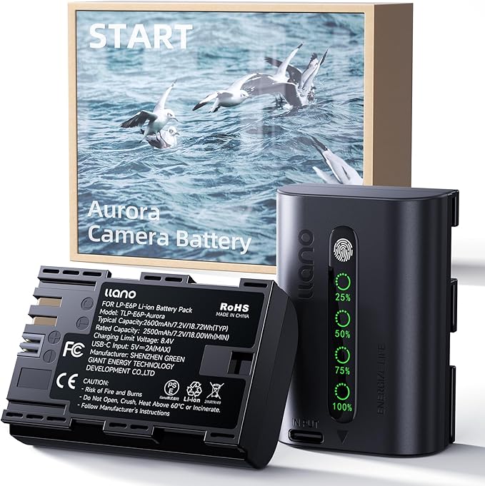 llano 2600mAh Aurora LP-E6P Battery - Fully Decoded for Canon EOS R5/R6/R7 Mark II, 5D/6D/7D Mark II/III/IV, 60D/70D/80D/90D,Finger-Tap LED Display,USB-C Fast Rechargeable Replacement(2 Pack)