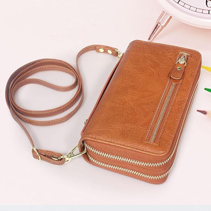 Harryshell Compatible with Samsung Galaxy S25 Ultra Case Wallet Multi Zipper Detachable Removable Cover Purse with Card Slots Holder Mirror Crossbody Wrist Strap for 6.9 inch (Light Brown)