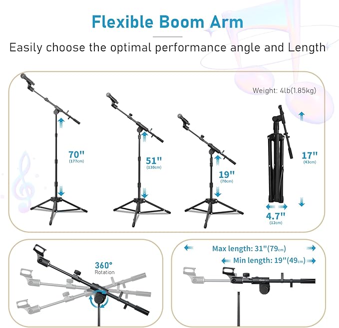 GUITTO Microphone Floor Stand with Phone/Tablet Holder, Adjustable Boom Mic Stand with Heavy-Duty Base, Dual Device Mount for Streaming, Podcasting, Recording, and Live Performances GMS-04