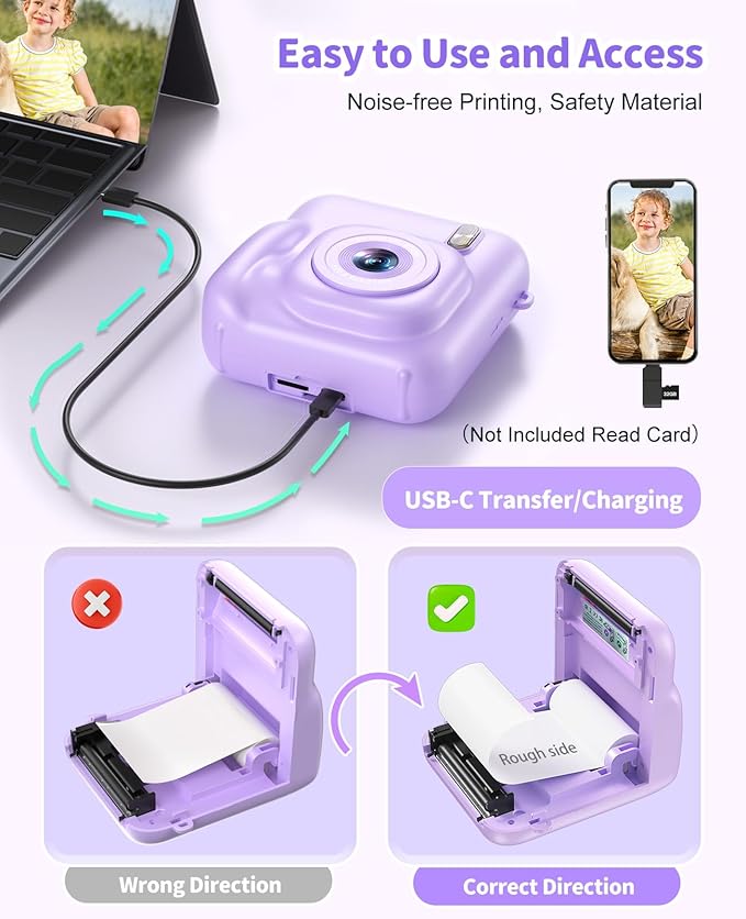 Digital Camera for Kids Instant Print, 48MP Dual-Lens Kids Camera for Girls Boys Christmas Birthday Gifts, 1080P Video Selfie Instant Cameras, Portable Toddler for 4-12 Years with 32GB Card-Purple